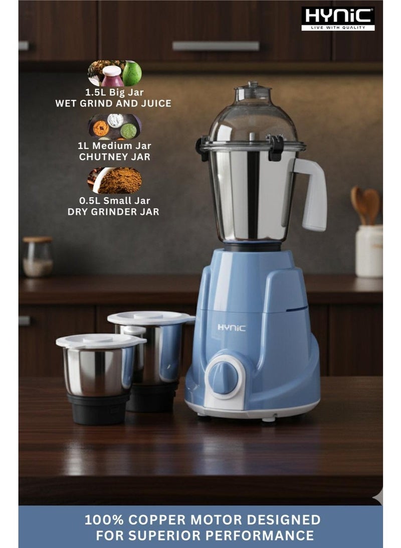 Hynic Kitchen Queen Heavy Duty Mixer Grinder | 750W 100% Copper Motor | 3 Stainless Steel Jars (1.5L, 1L, 0.5L) | Food-Grade Blades | Overload Protection & Advanced Ventilation | | Sky Blue - Image 5